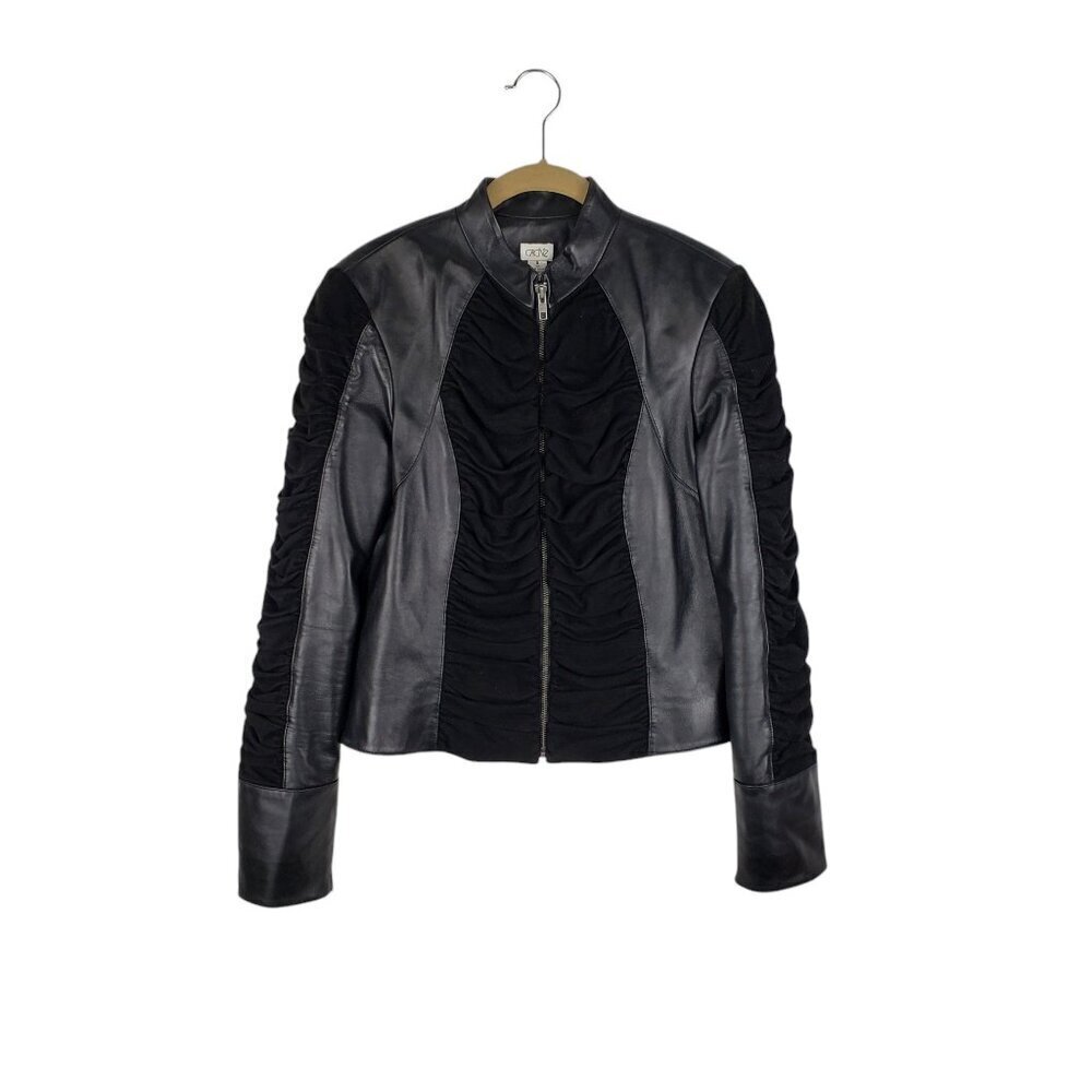 Cache Black Leather & Goat Suede Ruched Moto Biker Jacket Vintage Womens Size 8